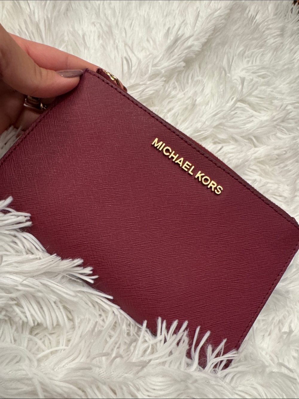 MICHAEL KORS Wine Saffiano Wristlet Zip Card Case with Gold Logo
